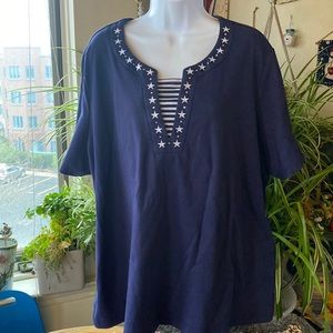 Cathy Daniels Nautical Top w Embroidered Stars & Clear Crystals, Size 2X